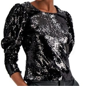 INC International Concepts Black Sequin Puff-Sleeve Top